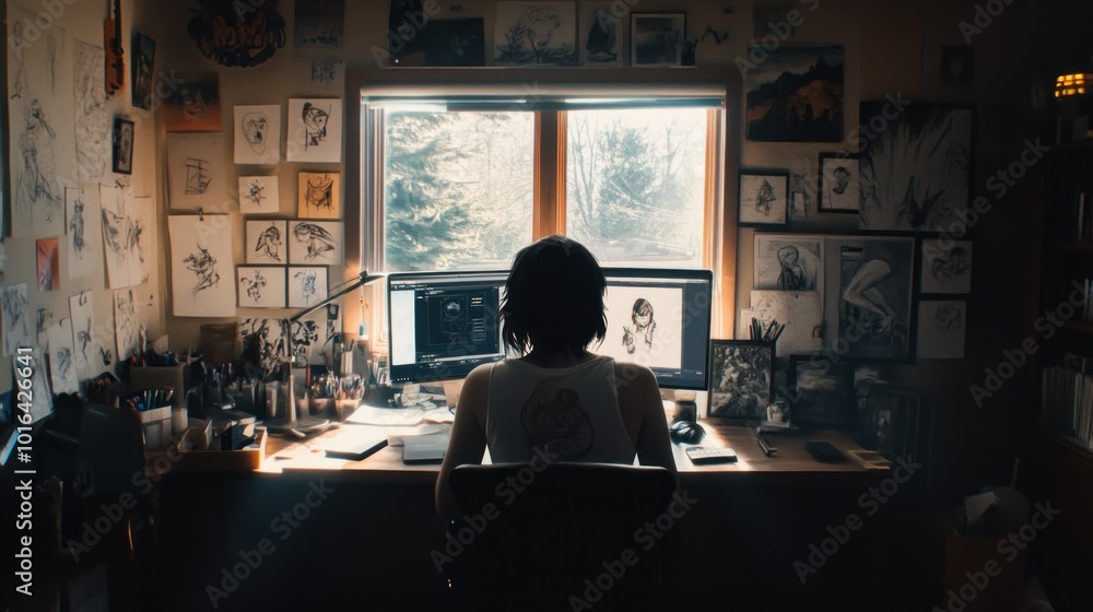 Poster A person working at a desk surrounded by artwork, focused on a computer screen.