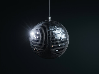 Fototapeta premium Shiny disco ball hanging against a black background, representing nightlife, music, and retro party atmosphere