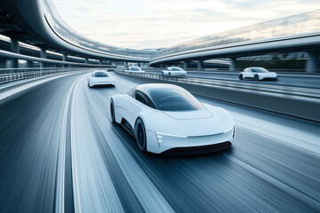 Fototapeta premium Futuristic autonomous cars driving on a modern highway with multiple lanes and elevated roadways, showcasing advanced transportation technology.