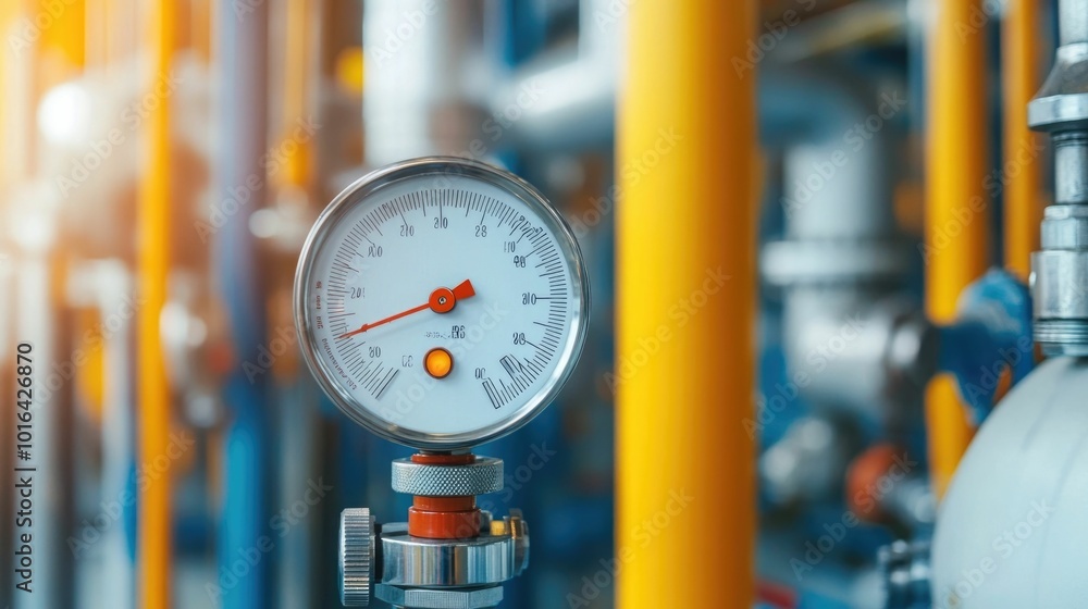 Poster close up view of a digital pressure gauge monitoring and measuring the product pressure in an indust
