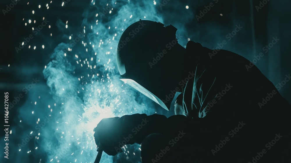Poster a welder working in low light, creating sparks and smoke during a welding process.