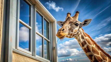 Panoramic giraffe looking out window with blue sky background