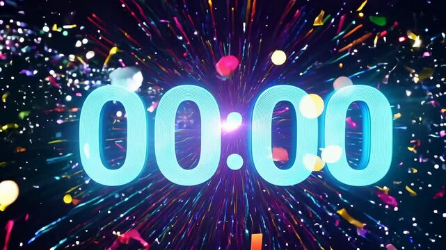 New Year's Countdown Animation with Fireworks and Confetti Exploding