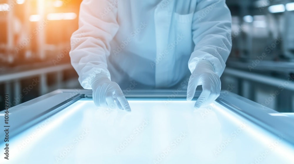 Poster skilled technician utilizing a light box to carefully inspect and evaluate product surface finishes 