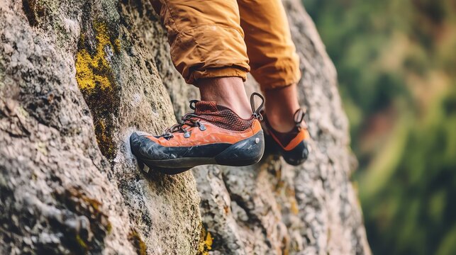 Close up on a climber's foot in yellow climbing shoes, wearing red pants, scaling a cliff face. - Powered by Adobe