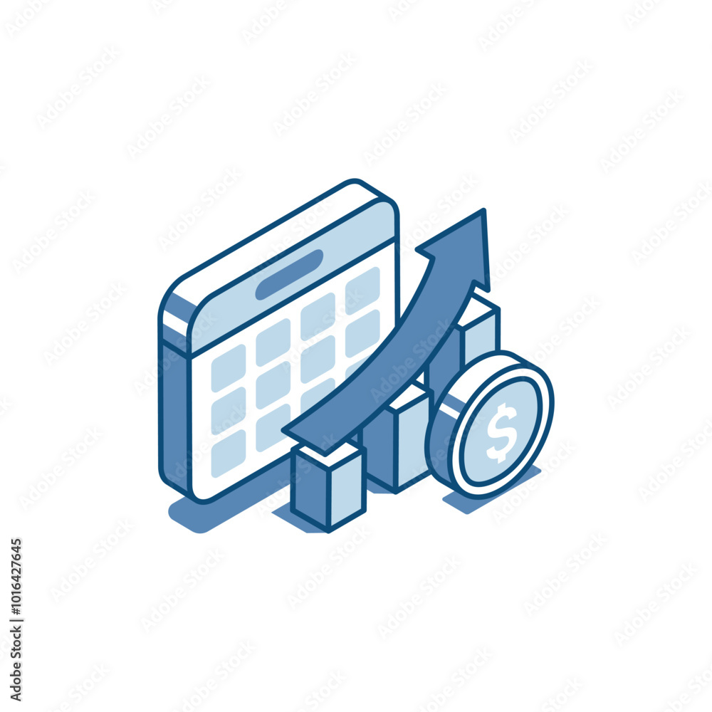 Poster isometric vector linear icon calendar and chart with arrow and coin, in color on white background, p