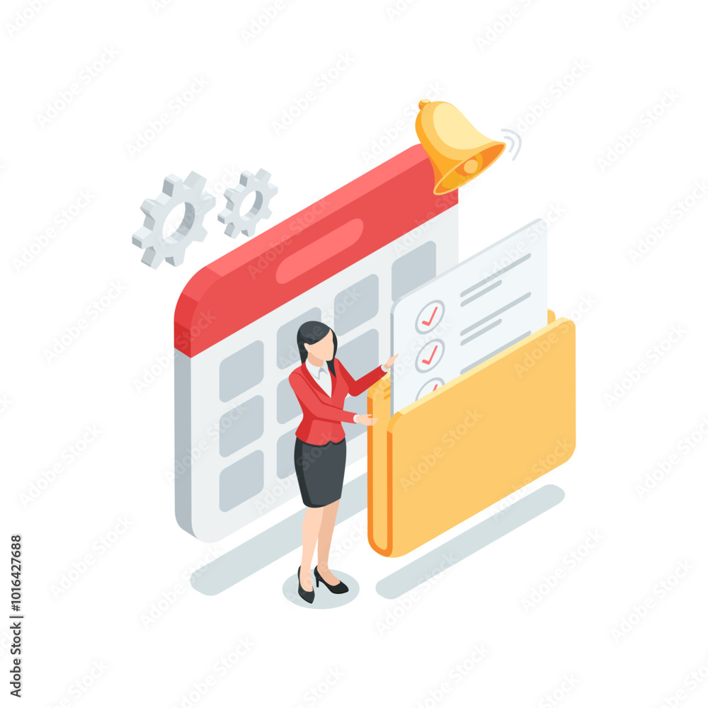 Poster isometric vector calendar and businesswoman with folder and list, in color on white background, plan