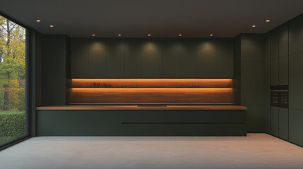 Modern kitchen with dark green cabinets and warm lighting. The kitchen has a minimalist design with a focus on clean lines and functionality.