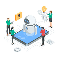 isometric vector bot on tablet screen and people developing it, in color on white background, artificial intelligence