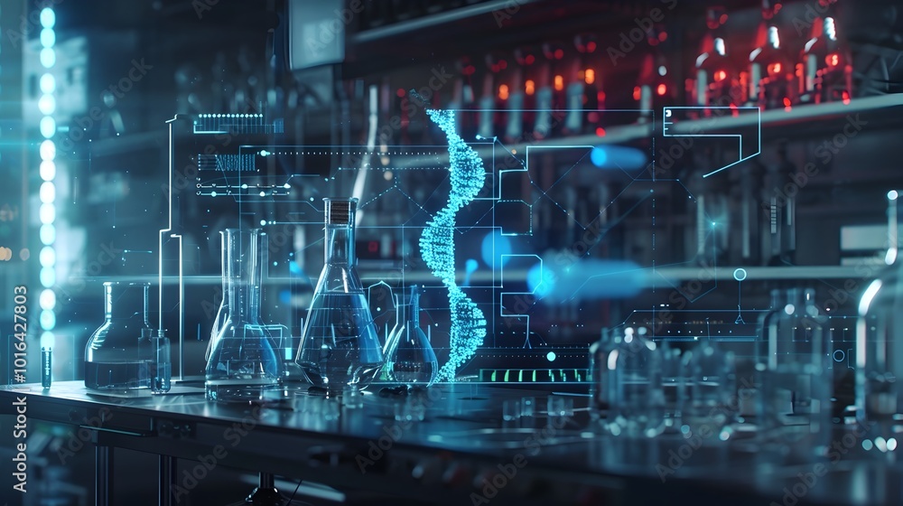 Poster futuristic lab scientists designing new organisms from dna sequences on holographic interface