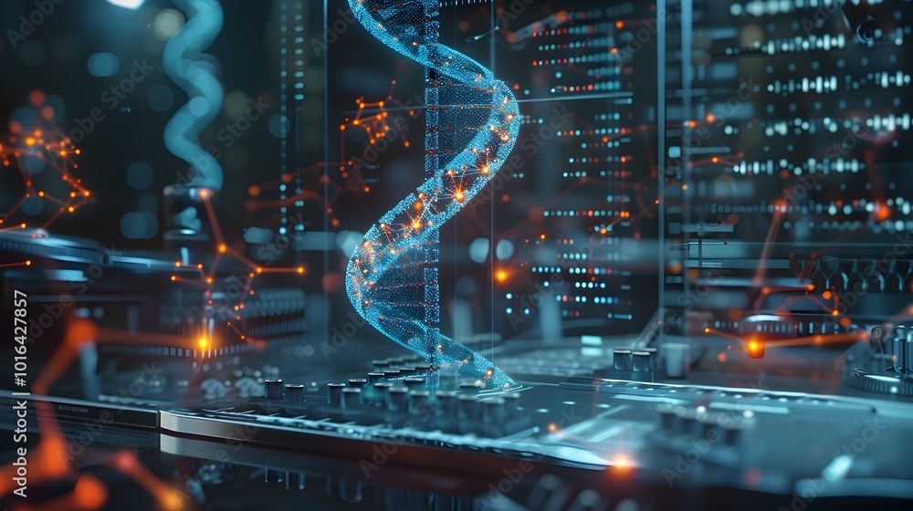 Poster futuristic lab scientists designing custom organisms using holographic dna sequences