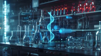 Futuristic Lab Scientists Designing New Organisms from DNA Sequences on Holographic Interface