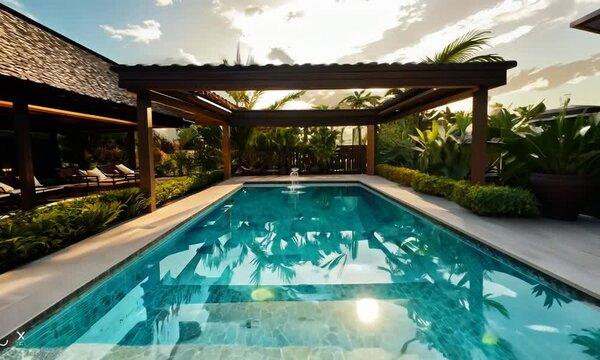 Stunning luxury backyard view of pool, chaise lounge, garden, pergola with hot tub. Modern and sleek, it has an effortless boho inspired, resort like feel.