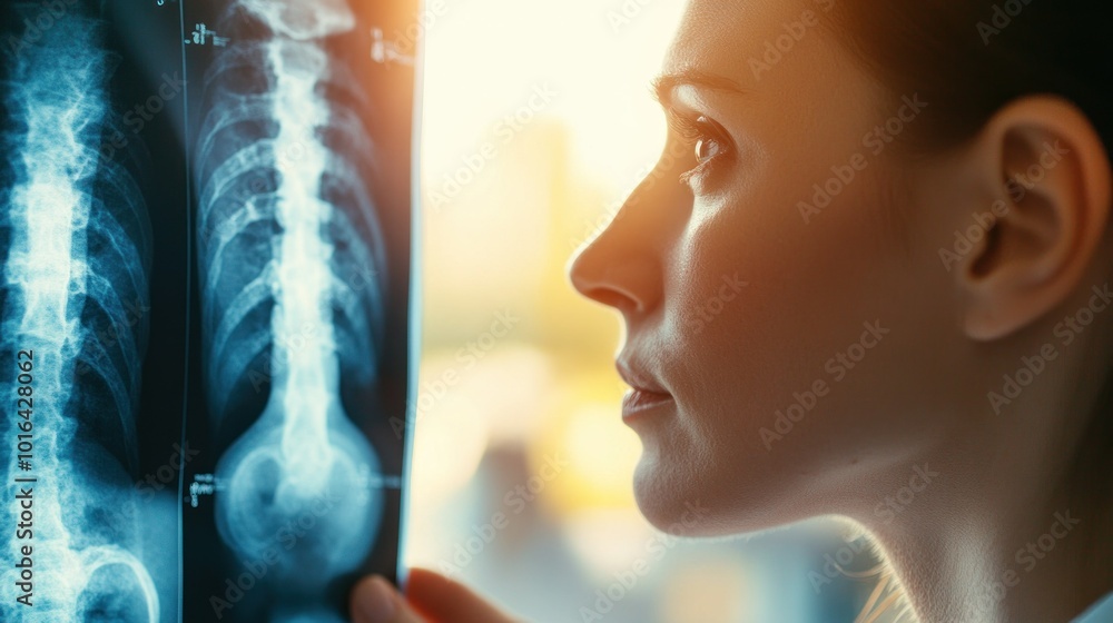 Sticker A woman examines an X-ray of a spine, highlighting a medical context.