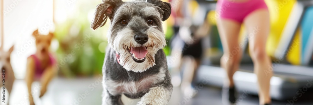 Poster a playful dog runs joyfully in a gym setting with people exercising in the background.