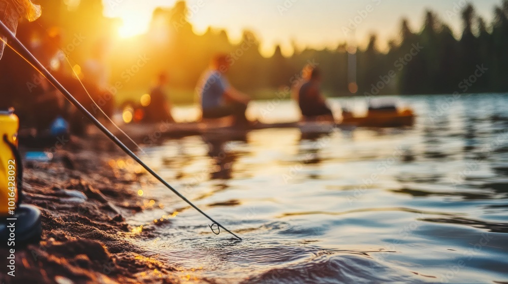 Wall mural A serene sunset scene of people fishing by a lake, enjoying leisure time outdoors.