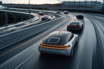 Fototapeta premium Futuristic autonomous cars driving on a multi-lane highway with illuminated red lines, showcasing advanced transportation technology in an urban environment at dusk.