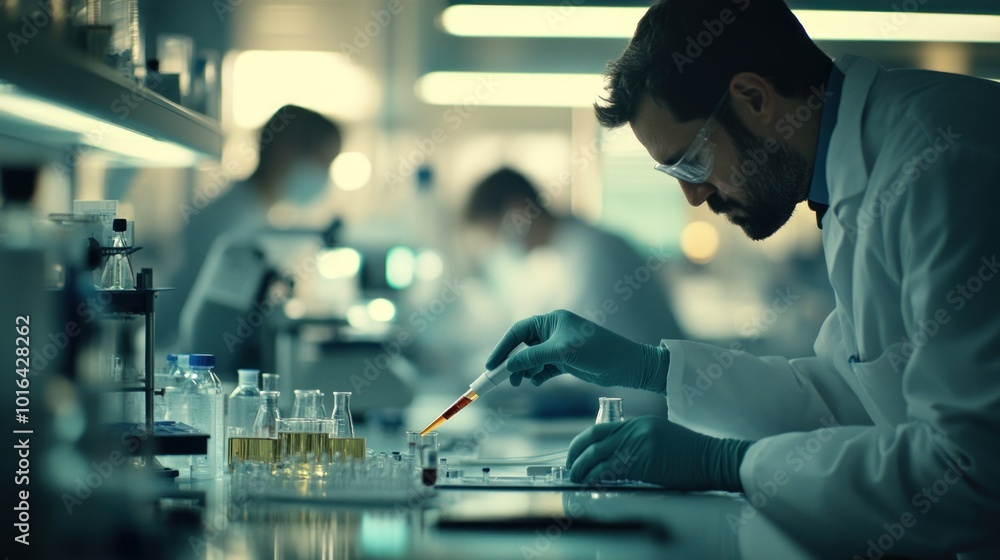 Poster a scientist conducts experiments in a laboratory with test tubes and pipettes.