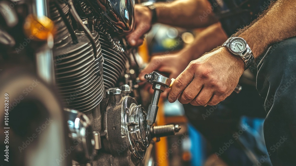 Aufkleber a close-up of hands working on a motorcycle engine with tools in a workshop setting.