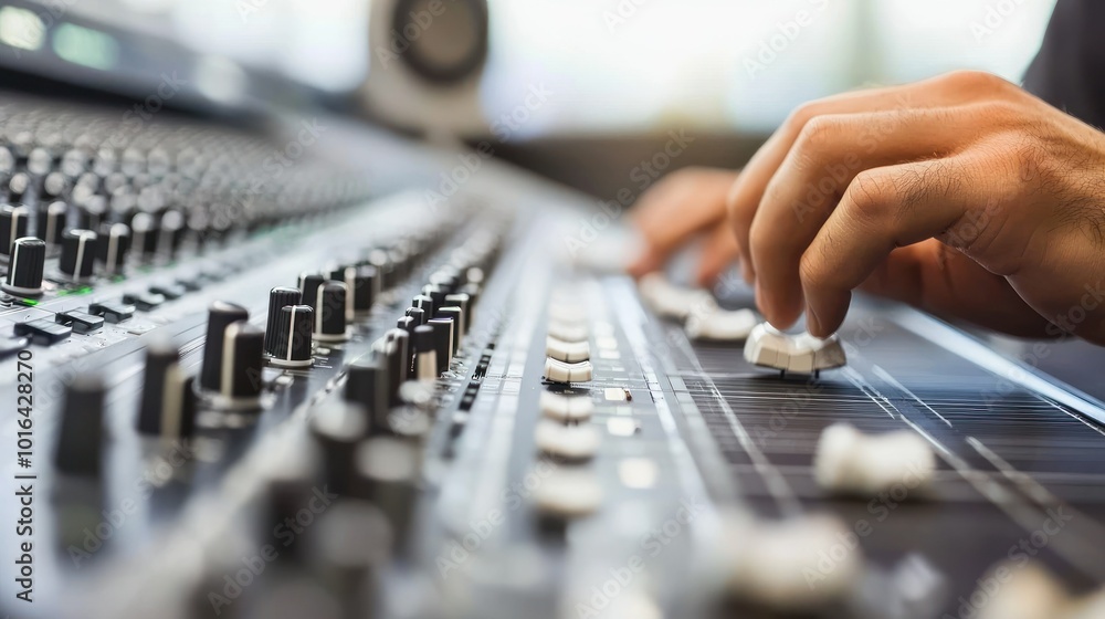 Wall mural A close-up of a hand adjusting a fader on a sound mixing console.