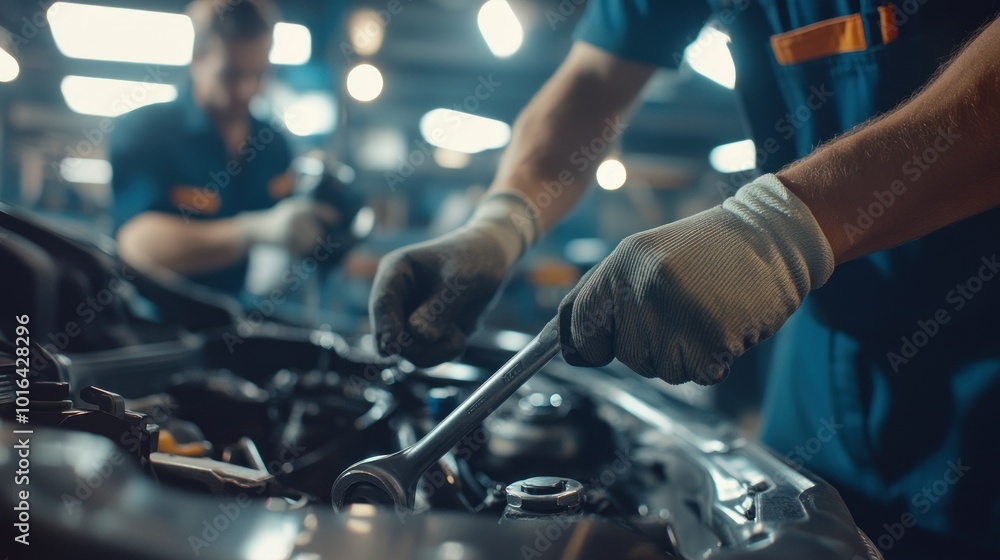 Poster mechanics working on a car engine in a workshop.