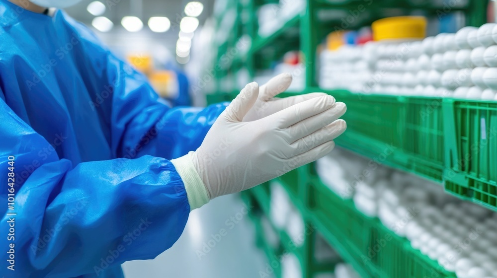Poster closeup view of worker wearing protective gloves meticulously handling fragile products during contr