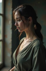 Fototapeta premium Portrait of a thoughtful young woman by the window in soft light.