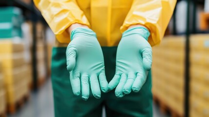 Image showing a worker wearing protective gloves carefully handling and inspecting fragile products during a control check in an industrial or manufacturing setting
