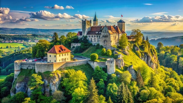 Vintage Style Photo of Hegauvulkan and Ruins in Constance, Baden-W&uuml;rttemberg - Scenic Landscape Photography