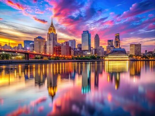 Obraz premium Stunning Cincinnati Skyline at Dusk with Vibrant Colors Reflecting on the Ohio River Waters