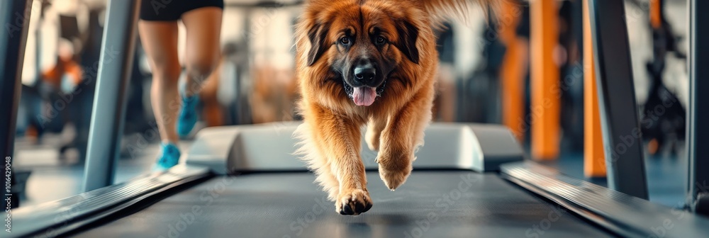 Poster a dog joyfully running on a treadmill while a person exercises in the background.