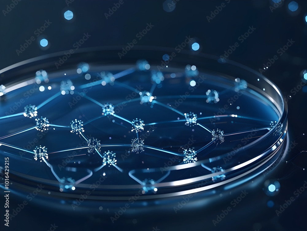 Poster futuristic petri dish where synthetic cells self assemble into complex structures for material scien