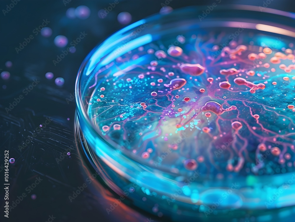 Aufkleber futuristic petri dish with synthetic cells assembling into complex structures demonstrating potentia