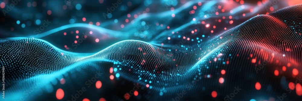 Poster abstract visualization of flowing waves with glowing particles in blue and red hues.