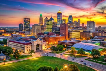 Naklejka premium Stunning Kansas City Skyline at Dusk with Vibrant Colors and Illuminated Buildings in the Background