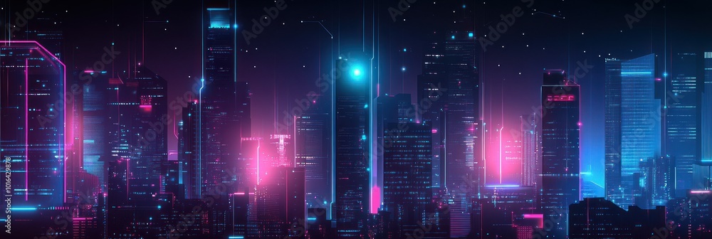 Wall mural A vibrant, futuristic cityscape illuminated by neon lights and a starry sky.