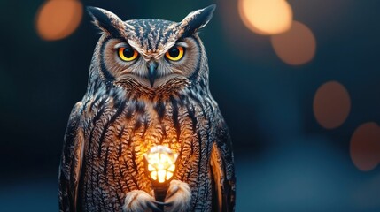 Majestic Owl Wearing Wizard Robe and Pointed Hat Holding Glowing Magical Staff in Ethereal Nighttime Landscape with Bokeh Lights