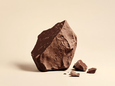 Close-up of a large chocolate chunk with broken pieces on a beige background, representing indulgence and gourmet sweets