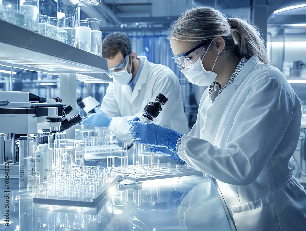 Poster two scientists in a laboratory working with beakers and microscopes.