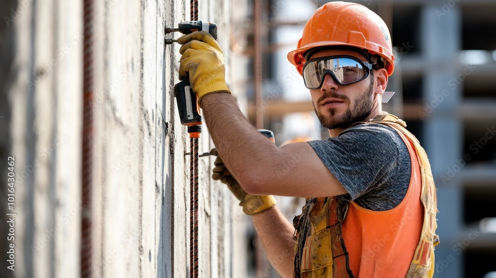 Sticker A construction worker using tools on a building site, emphasizing safety and labor.