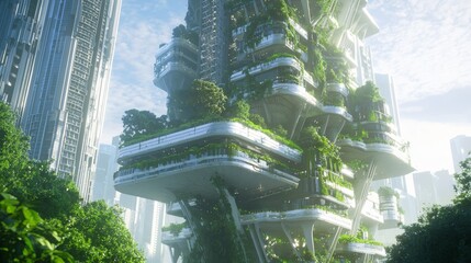 Obraz premium Futuristic High-Rise Living: Photorealistic Architectural Wonder Amid Urban Oasis