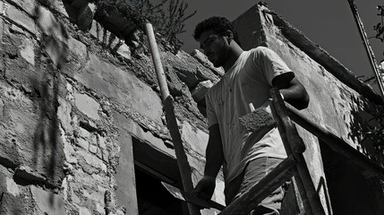 A person working on a building, balancing on a ladder while holding tools.