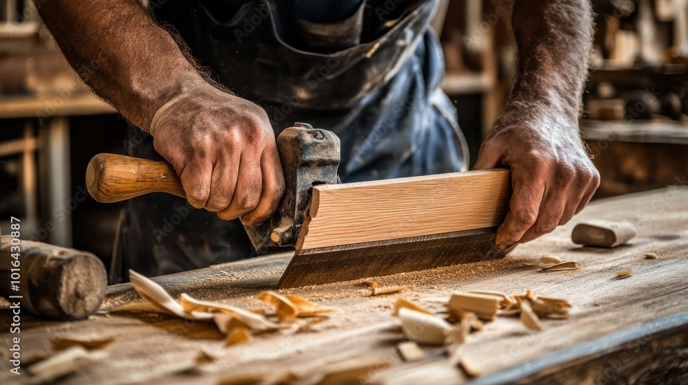 Poster a craftsman using a hand plane on wood, creating shavings in a workshop setting.