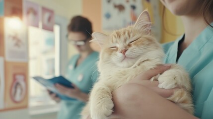 A person holds a relaxed orange cat in a veterinary clinic setting with another staff member.