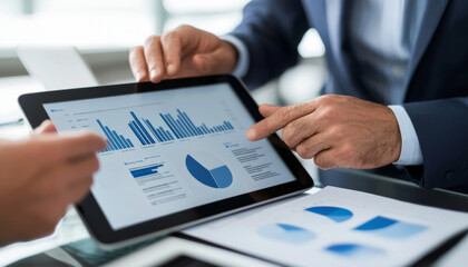 Close up of tablet screen displaying various business graphs and charts, with consultant pointing at data. setting suggests professional environment focused on analysis and strategy