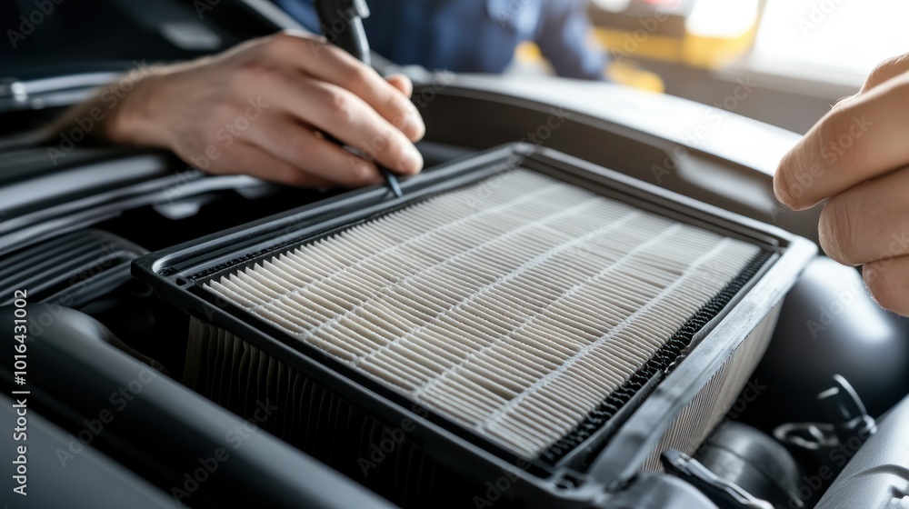 Canvas Prints A mechanic inspecting an air filter during vehicle maintenance.