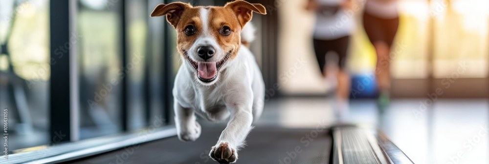 Sticker A happy dog running on a treadmill while people exercise in the background.