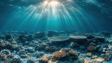 Naklejka premium Underwater Coral Reef with Sunlight Rays