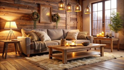 Warm and inviting interior scene featuring a plush couch, rustic wooden coffee table, and soft golden lighting, evoking a sense of comfort and relaxation.