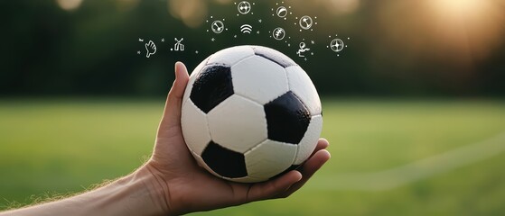 Naklejka premium A hand holding a soccer ball with vibrant background elements representing various soccer icons.